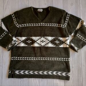 Vintage White Stag L Green Patterned Sweater Thick Cozy